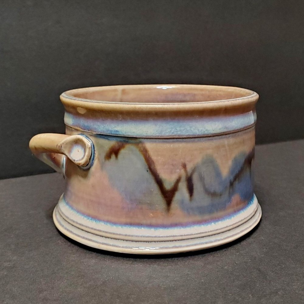 Edgecomb Potters Studio Pottery Bowl, Handmade Side Handle Dish, Beige Purple